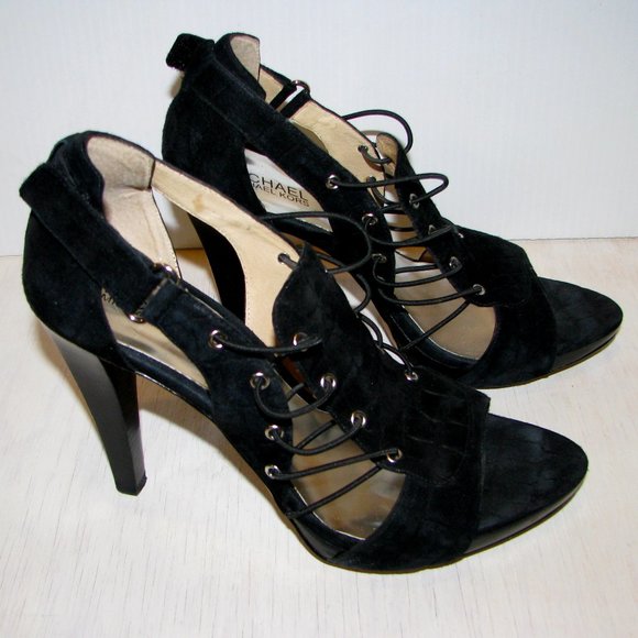 Authentic Michael Kors High Heels Jillian Open Toe Black Suede Shoes (Size 9) - Picture 1 of 9